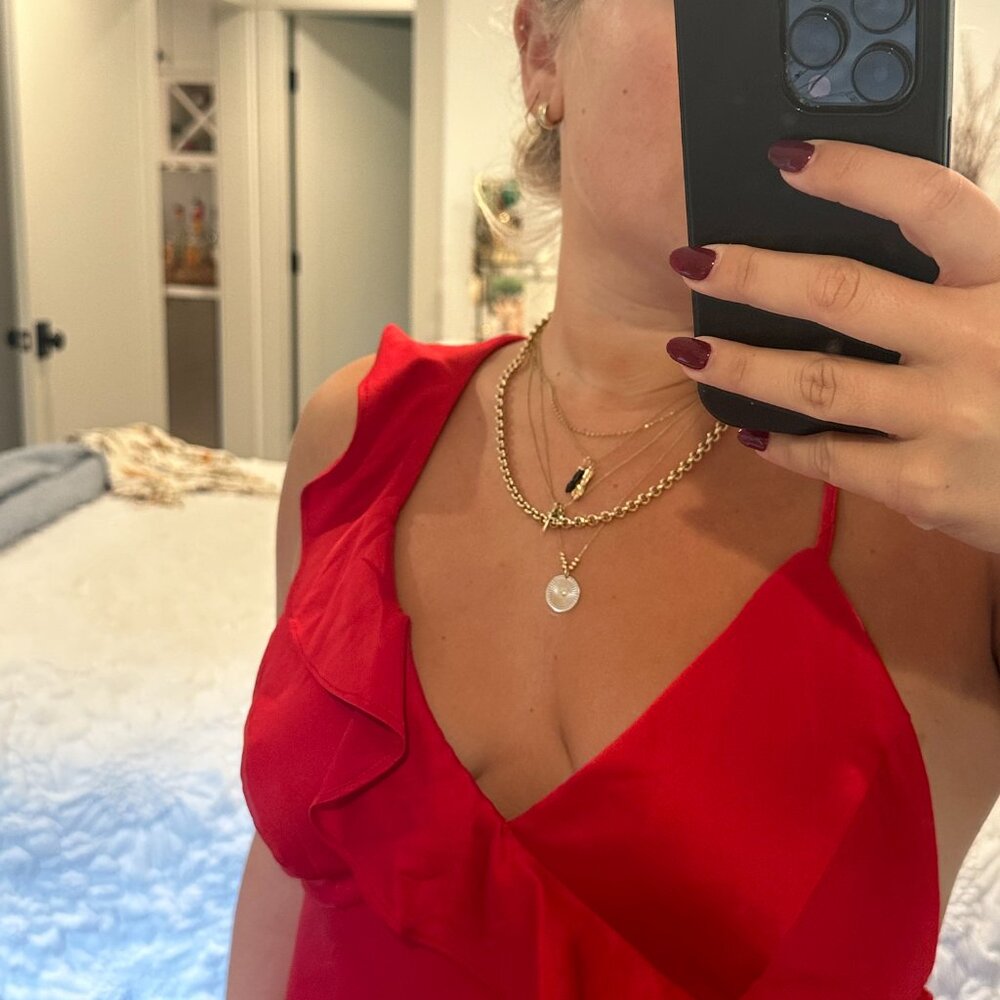 Urban Outfitters Red Satin Gown with Ruffle Detailing and Open Back - Picture 2 of 10